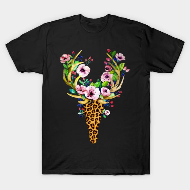 Leopard Deer Watercolor Floral T-Shirt by LotusTee